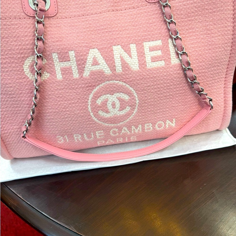 Chanel Pink Deauville Tote with Silver Chain Handles - Picture 2 of 5